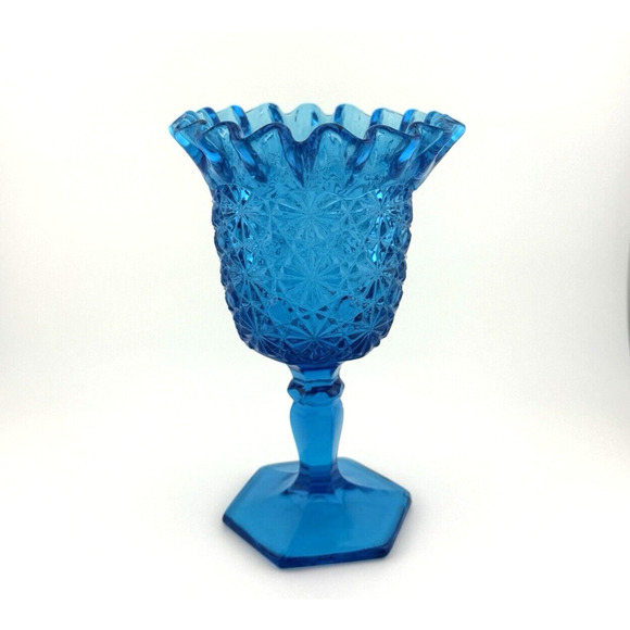 VTG MCM LE Smith Pressed Glass DAISY & BUTTON Blue Ruffled 6 1/2" Compote Vase - Picture 4 of 10